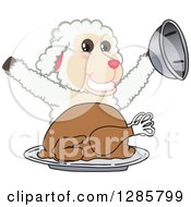 Happy Lamb Mascot Character Serving A Roasted Thanksgiving Turkey