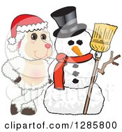 Poster, Art Print Of Happy Christmas Lamb Mascot Character With A Winter Snowman
