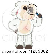 Happy Lamb Mascot Character Looking Through A Magnifying Glass