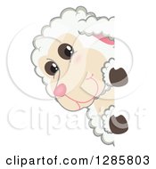 Happy Lamb Mascot Character Looking Around A Sign