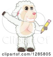 Happy Lamb Mascot Character Waving And Holding A Pencil
