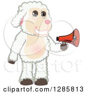 Poster, Art Print Of Happy Lamb Mascot Character Holding An Announcement Megaphone