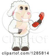 Happy Lamb Mascot Character Holding A Telephone Receiver