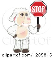 Happy Lamb Mascot Character Holding A Stop Sign