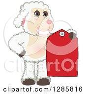 Poster, Art Print Of Happy Lamb Mascot Character Holding A Red Clearance Sales Tag