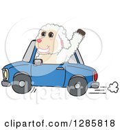 Happy Lamb Mascot Character Waving And Driving A Blue Car