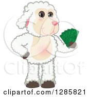 Happy Lamb Mascot Character Holding Cash Money