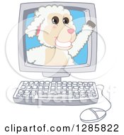 Happy Lamb Mascot Character Waving From A Computer Screen