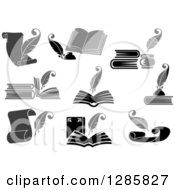 Clipart Of Grayscale Feather Quill Pens Scrolls And Books Royalty Free Vector Illustration by Vector Tradition SM