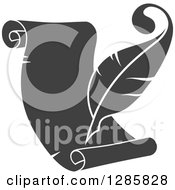 Clipart Of A Grayscale Feather Quill Pen Writing On A Scroll Royalty Free Vector Illustration
