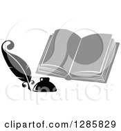 Poster, Art Print Of Grayscale Feather Quill Pen Ink Well And Open Book