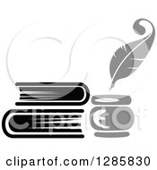 Poster, Art Print Of Grayscale Feather Quill Pen Ink Well And Stack Of Books