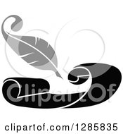 Clipart Of A Grayscale Feather Quill Pen Writing On A Black Scroll Royalty Free Vector Illustration by Vector Tradition SM