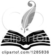 Clipart Of A Grayscale Feather Quill Pen Writing In A Book Or Journal Royalty Free Vector Illustration