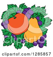 Clipart Of A Bed Of Leaves With Grapes An Apple And Pear Royalty Free Vector Illustration
