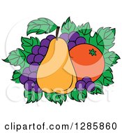 Poster, Art Print Of Bed Of Leaves With Grapes A Pear And An Orange