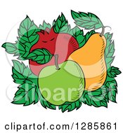 Poster, Art Print Of Bed Of Leaves With A Green Apple Pear And Pomegranate