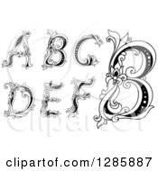 Clipart Of Black And White Vintage Floral Capital Letters A B C D E And F Royalty Free Vector Illustration