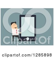 Clipart Of A Businessman Presenting A Giant Smartphone Or Tablet Over Blue Royalty Free Vector Illustration by Vector Tradition SM