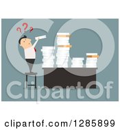 Clipart Of A Businessman Trying To Add To A Tall Stack Of Paperwork Over Blue Royalty Free Vector Illustration