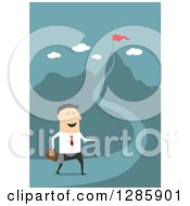 Poster, Art Print Of Businessman Walking Toward A Mountain With A Red Flag Over Blue