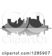 Clipart Of A Dark Gray Silhouetted City Skyline And Reflection 3 Royalty Free Vector Illustration
