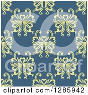 Clipart Of A Seamless Pattern Background Of Green Floral On Blue Royalty Free Vector Illustration