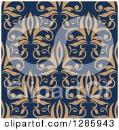 Clipart Of A Seamless Pattern Background Of Tan Floral On Navy Blue Royalty Free Vector Illustration