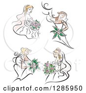 Poster, Art Print Of Brunette And Blond Caucasian Brides With Bouquets Of Pink Flowers