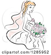 Poster, Art Print Of Blond Caucasian Bride With A Bouquet Of Pink Flowers