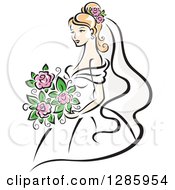 Poster, Art Print Of Pretty Blond Caucasian Bride With A Bouquet Of Pink Flowers