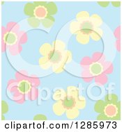 Poster, Art Print Of Seamless Background Pattern Of Colorful Pastel Flowers On Blue