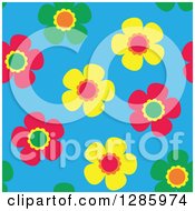 Poster, Art Print Of Seamless Background Pattern Of Green Yellow And Pink Flowers On Blue