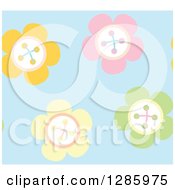 Poster, Art Print Of Seamless Background Pattern Of Pastel Colorful Sewn Flowers On Blue