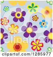 Poster, Art Print Of Seamless Background Pattern Of Colorful Flowers On Gray