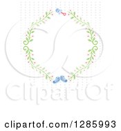 Clipart Of A Floral Frame With A Rattle And Blue Baby Boy Shoes And Dots On Off White Royalty Free Vector Illustration by Cherie Reve