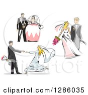 Poster, Art Print Of Retro Caucasian Wedding Couples Standing Walking And Dancing