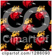 Clipart Of A Seamless Pattern Background Of Bleeding And Flaming Hearts With Cupids Arrows Over Black Royalty Free Vector Illustration