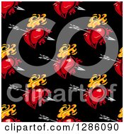 Poster, Art Print Of Seamless Pattern Background Of Bleeding And Flaming Hearts With Cupids Arrows Over Black