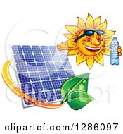 Poster, Art Print Of Happy Sun Holding A Water Bottle Over A Solar Panel And Leaves