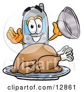 Poster, Art Print Of Wireless Cellular Telephone Mascot Cartoon Character Serving A Thanksgiving Turkey On A Platter