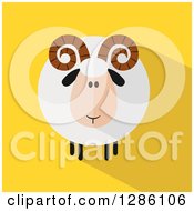 Clipart Of A Modern Flat Design Round Fluffy White Ram Sheep With Shadows On Yellow Royalty Free Vector Illustration by Hit Toon