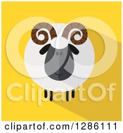 Poster, Art Print Of Modern Flat Design Round Fluffy Black Ram Sheep With Shadows On Yellow