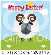 Modern Flat Design Round Fluffy Black Ram Sheep On A Hill With Happy Easter Text