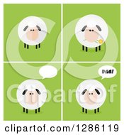 Poster, Art Print Of Modern Flat Designs Of Round Fluffy White Sheep Over Green Tiles