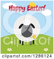 Poster, Art Print Of Modern Flat Design Round Fluffy Black Sheep Eating A Flower On A Hill Under Happy Easter Text