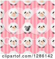 Poster, Art Print Of Background Pattern Of Modern Flat Designed Fluffy Black And White Sheep Over Pink Stripes