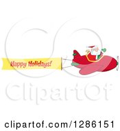 Santa Claus Waving And Flying A Christmas Plane With A Happy Holidays Aerial Banner