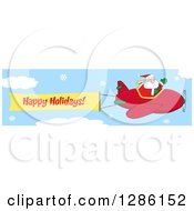 Santa Claus Waving And Flying A Christmas Plane With A Happy Holidays Aerial Banner In A Snowy Sky