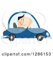 Poster, Art Print Of Modern Flat Design Of A Happy White Businessman Commuting And Driving To Work In A Blue Car